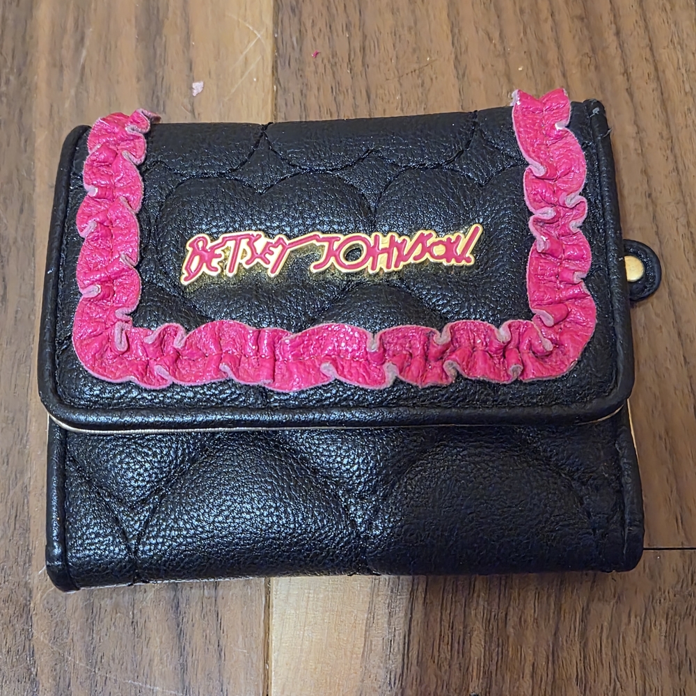 Betsey Johnson Black Wallet with Pink Ruffle Trim